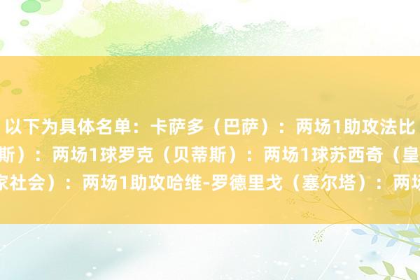 以下为具体名单：卡萨多（巴萨）：两场1助攻法比奥-席尔瓦（拉斯帕尔马斯）：两场1球罗克（贝蒂斯）：两场1球苏西奇（皇家社会）：两场1助攻哈维-罗德里戈（塞尔塔）：两场1球    亚洲球盘网体育信息